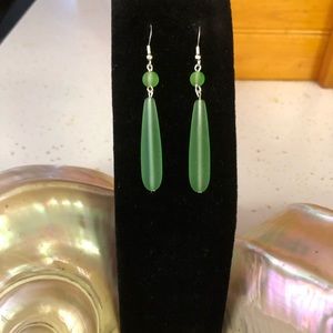 Handmade Sterling Silver 925 - Green Cultured Sea Glass Earrings